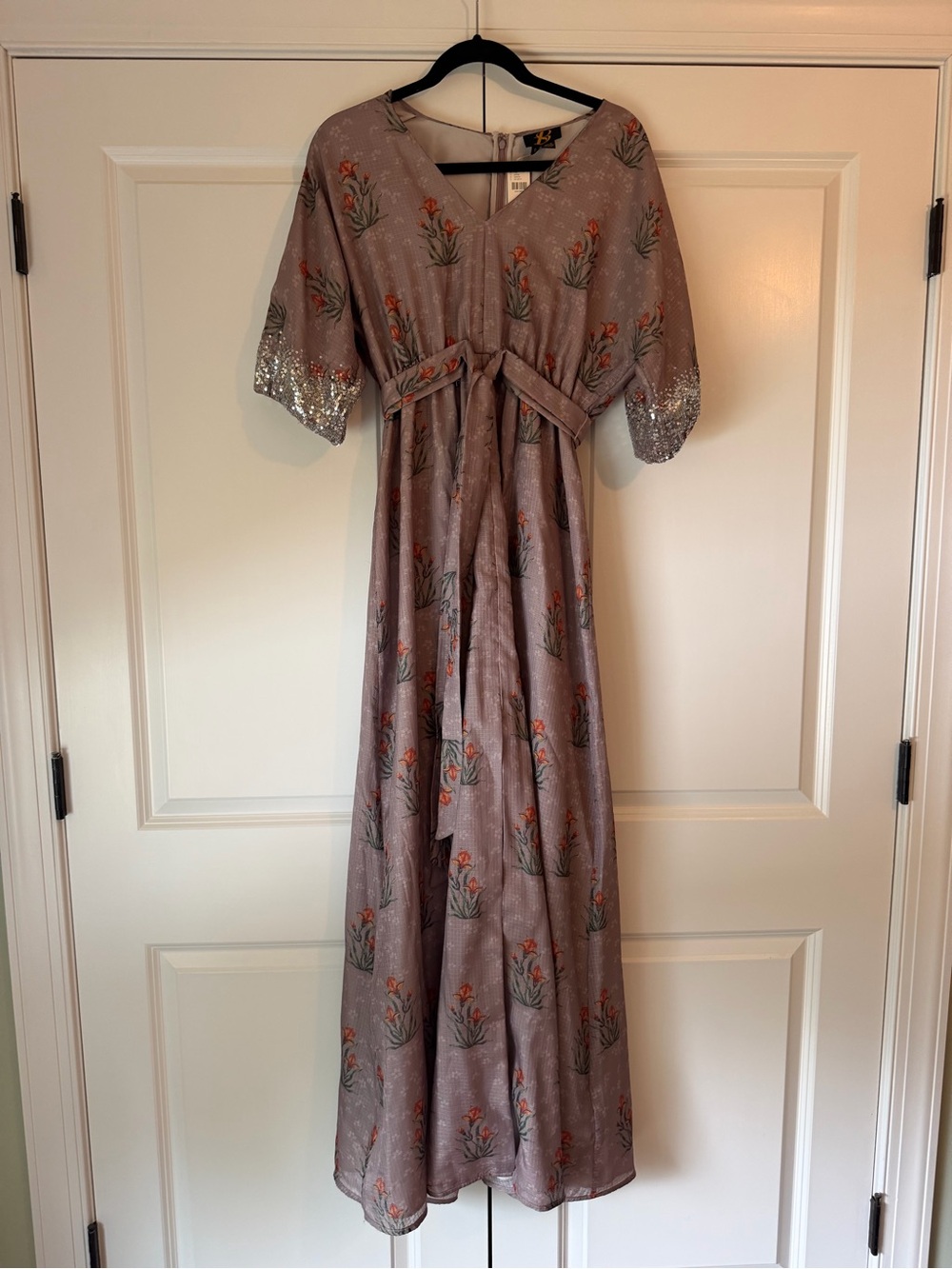 Dusty lilac Floral Maxi Dress with Sequin Cuffs